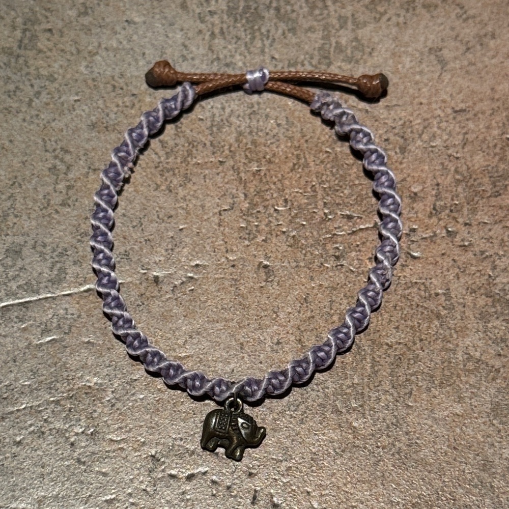Purple Braided Bracelet with Metal Double sided 3D Elephant Charm adjustable 7”